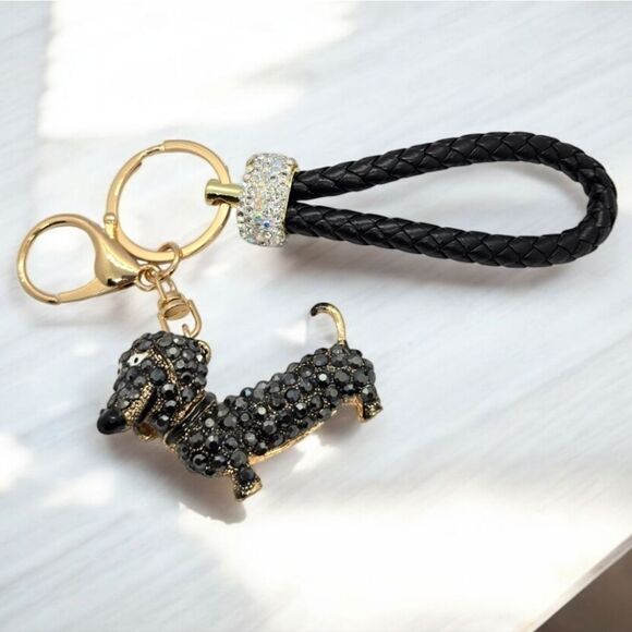 Glitzy Black Wiener Dog Bag Clip Keychain Dachshund Rhinestone Keyring Charm NEW - Picture 8 of 8